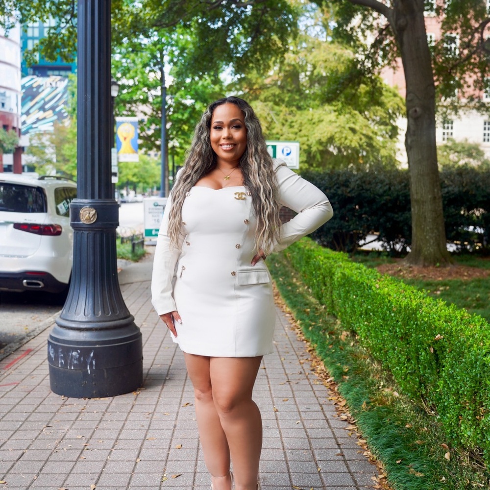 Fashion Nova Cream Long-Sleeve Mini Dress with Gold Buttons